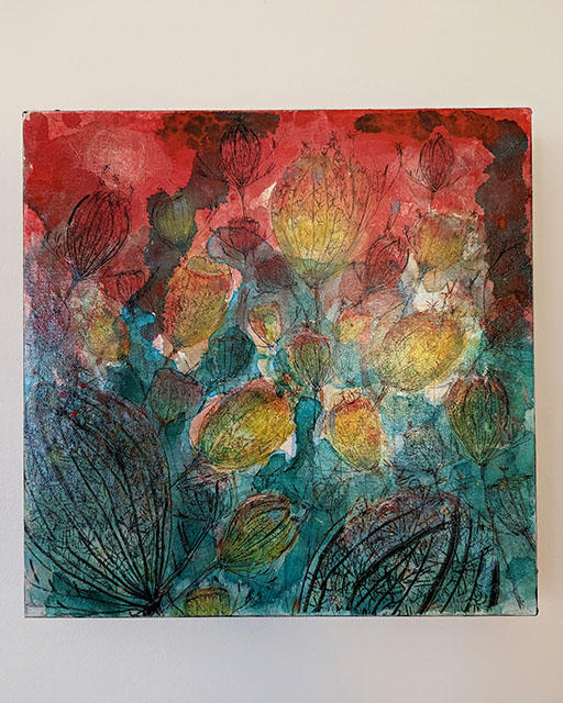 Abstract floral mixed media piece, painting and embroidery