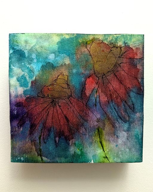 Miniature floral painting, watercolour and line art