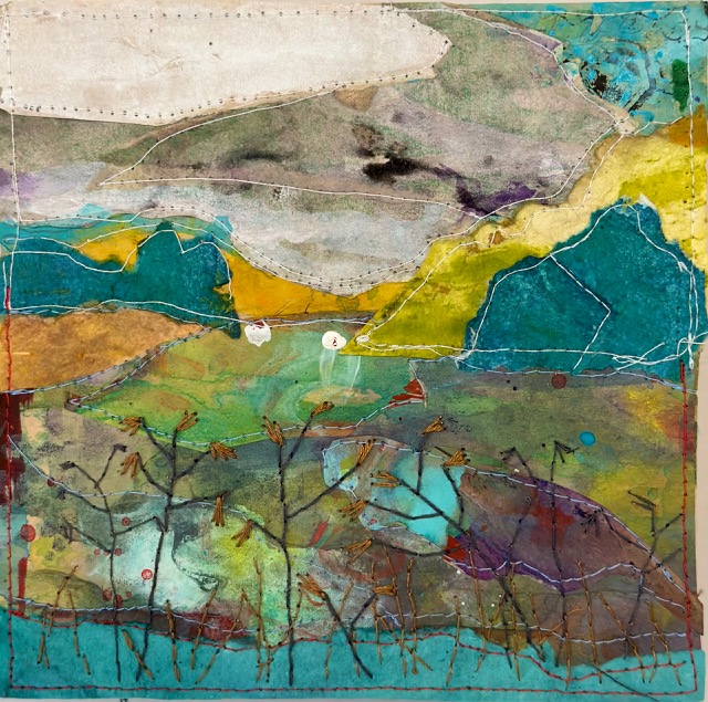 Landscape art - mixed media paper and thread