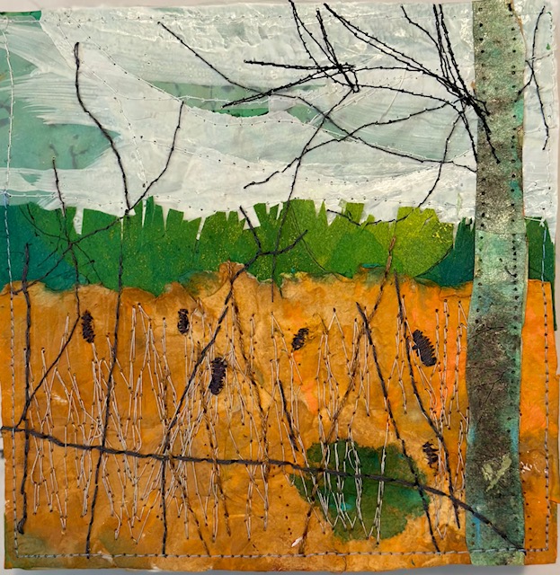 Landscape art - mixed media paper and thread