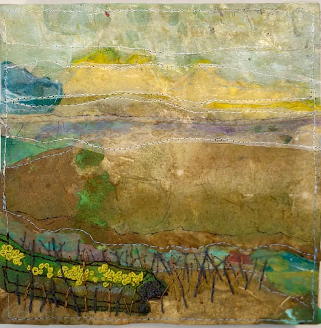 Landscape art - mixed media paper and thread