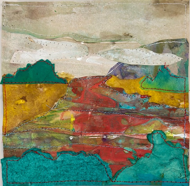 Landscape art - mixed media paper and thread